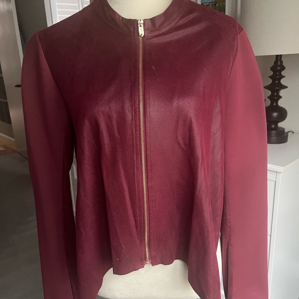 GUESS Faux Leather & Knit Moto Jacket – Women’s Size L – Burgundy